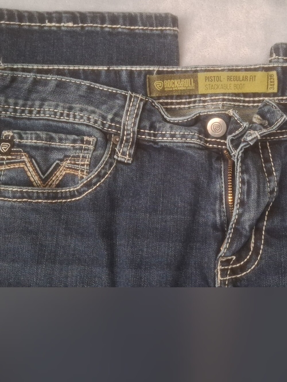 Rock&Roll Dark Blue Straight Leg Jeans with Contrast Tan Stitching
